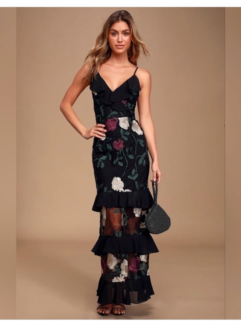 NWOT LULUS Black Floral Ruffle Slip Dress with mesh bottom- Elegant Evening Wear